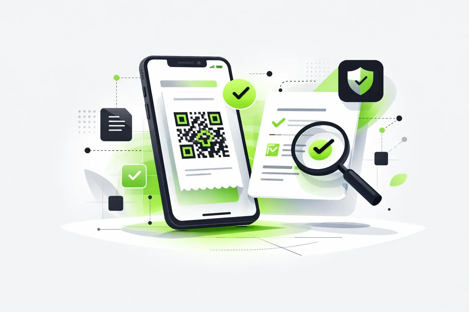Смартфон с QR-кодом и чеком, иконки безопасности и верификации документов